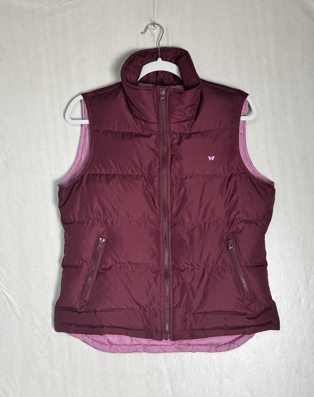 Y2K Aeropostale Womens Down Puffer Vest Burgundy Pink Butterfly Sz L Soft Girl